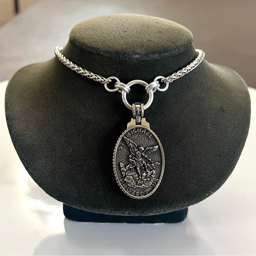 Handmade wheat chain stainless steel necklace with st Michael medal charm - Picture 12 of 13